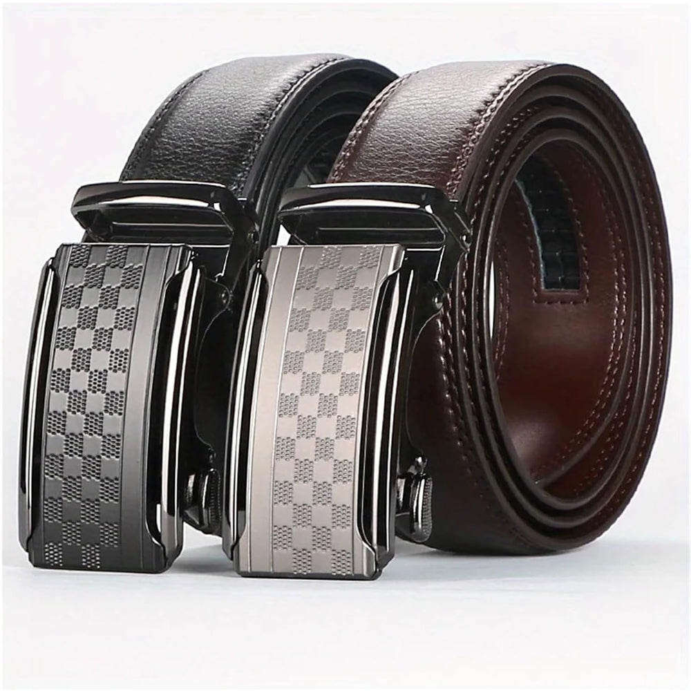 Men's leather belt with automatic ratchet buckle